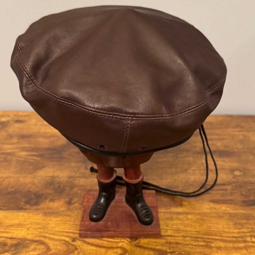 Eric Javits Brown Leather Beret Hat Womens Soft Cap Size L Vintage EUC